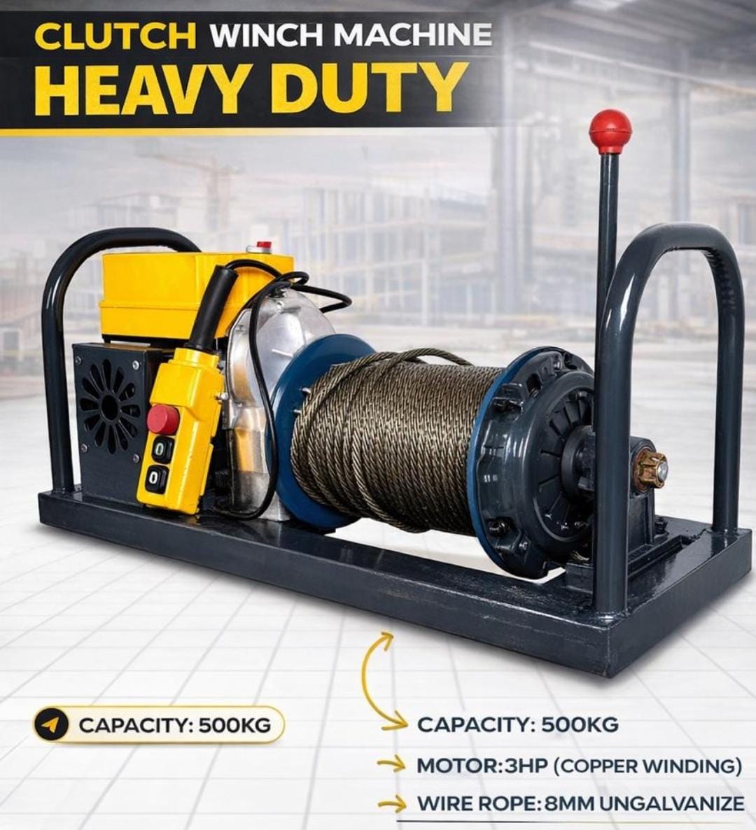 Winch with clutch Contactor type 8mmx50mtr with handle 250mm drum - TUFLIFT